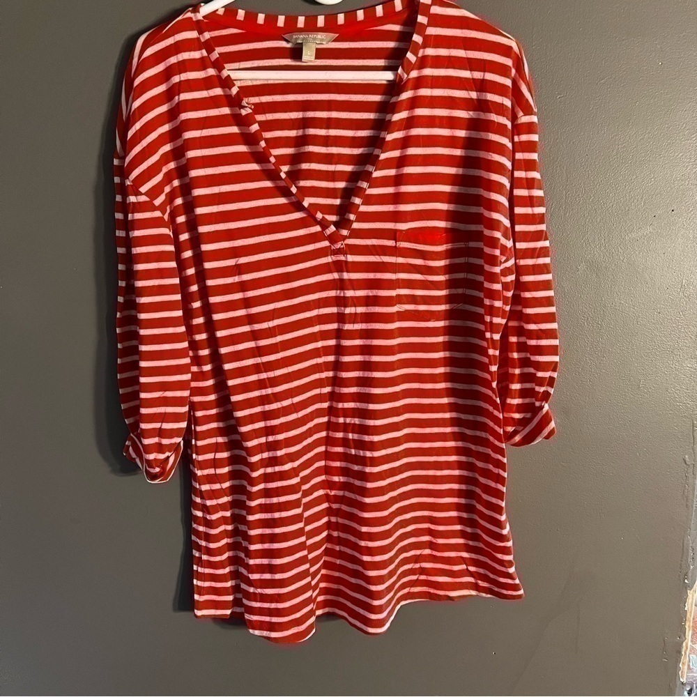 Banana Republic T Shirt 3/4 Sleeve V Neck Striped Stretch